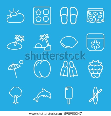summer icons set. Set of 16 summer outline icons such as peach, mulberry, from toy for beach, flower, slippers, tree, lemon, underwear with heart, umbrella, flippers