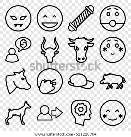 Head icons set. set of 16 head outline icons such as cow, hog, dog, bull, hair curler, gear in head, baseball cap, laughing emot, blush, shy emoji, devil emot, user