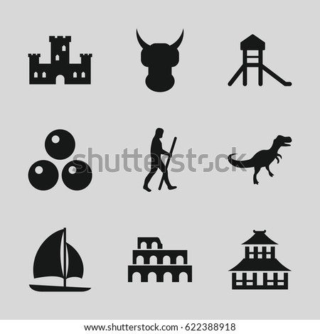 Ancient icons set. set of 9 ancient filled icons such as Coliseum, castle, temple, sailboat, caveman, dinosaur, canon ball