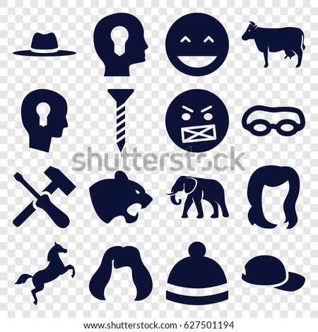 Head icons set. set of 16 head filled icons such as cow, panther, elephant, hairstyle, winter hat, screw, laughing emot, angry emot, hat, horse, baseball cap, screwdriver