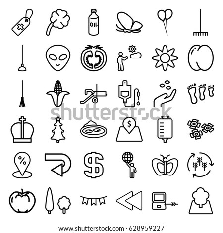Green icons set. set of 36 green outline icons such as laptop connection, butterfly, harvest, peach, apple, corn, oil, hand with seeds, balloon, rake, hoe, pond