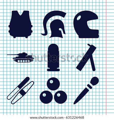 Set of 9 army filled icons such as nail sawing, sawing, knight, canon ball, cannon, bulletproof vest, bullet, tank