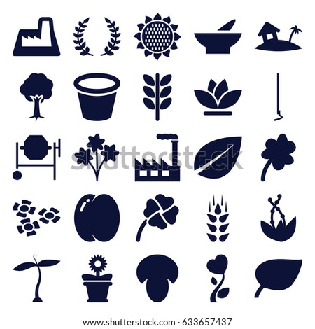 Plant icons set. set of 25 plant filled icons such as wheat, plant, mushroom, peach, sunflower, bowl, leaf, clover, concrete mixer, hoe, pot for plants, flower pot, flower
