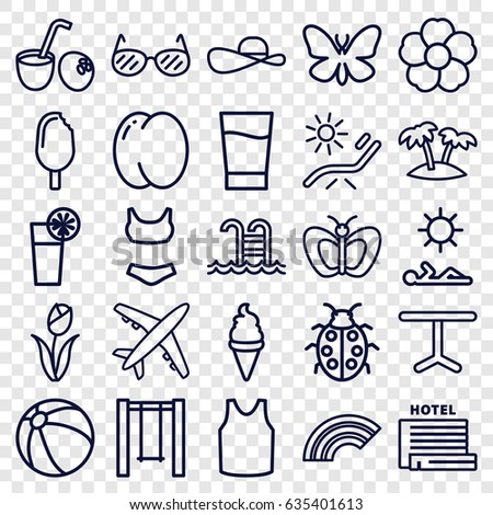 Summer icons set. set of 25 summer outline icons such as butterfly, peach, beach ball, sunbed, singlet, ice cream, flower, swing, table, ladybug, cocktail, palm, drink