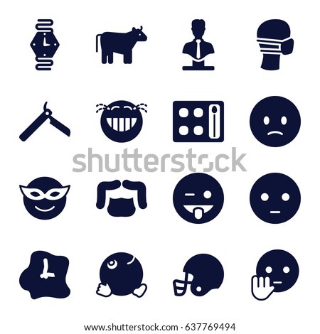 Face icons set. set of 16 face filled icons such as cow, bllade razor, man hairstyle, eyeshadow palette, bust, emoji in mask, sad emot, emoji showing tongue, laughing emot