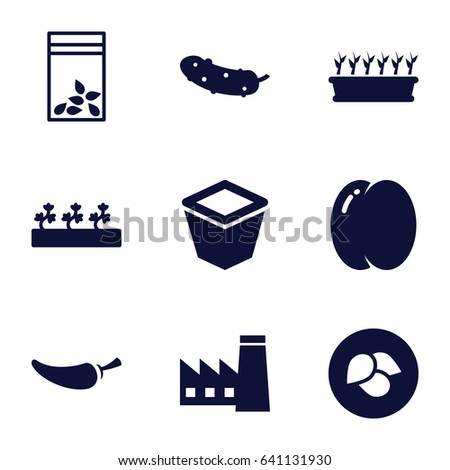 Plant icons set. set of 9 plant filled icons such as leaf, peach, factory, pepper, cucumber, pot for plants, plant in pot, sprout plants