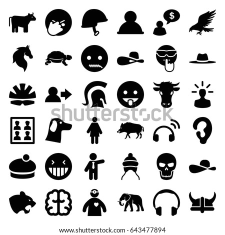 Head icons set. set of 36 head filled icons such as cow, hog, eagle, panther, elephant, horse, turtle, baby cap, ear, woman hat, businessman, brain, laughing emot