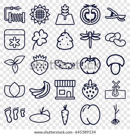Natural icons set. set of 25 natural outline icons such as dragonfly, mushroom, berry, carrot, peach, banana, apple, sunflower, bean, beauty salon, no hair in skin, lotus