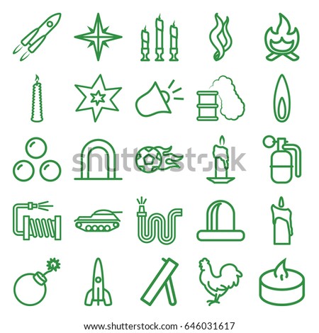 Fire icons set. set of 25 fire outline icons such as siren, chicken, explosion, water hose, candle, smoke, flame, bonfire, rocket, dynamite, smoking can, canon ball, cannon