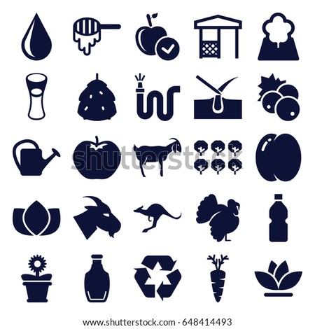Natural icons set. set of 25 natural filled icons such as berry, currant, peach, apple, tree, honey, goat, kangaroo, turkey, shave hair in skin, lotus, water drop, milk glass