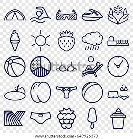 Summer icons set. set of 25 summer outline icons such as sun, field, peach, mulberry, beach ball, flower, bra, ice cream, ice cream on stick, ice cream in can, strawberry