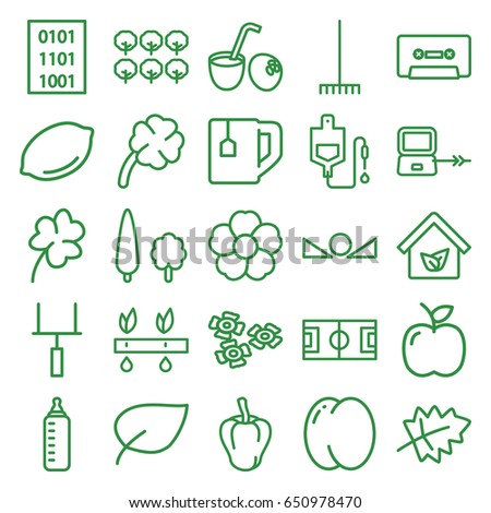 Green icons set. set of 25 green outline icons such as laptop connection, leaf, peach, pepper, tree, lemon, baby bottle, clover, tea cup, rake, flower, drop counter, cassette