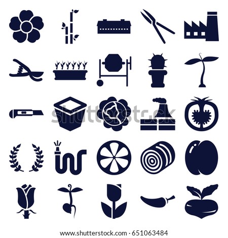 Plant icons set. set of 25 plant filled icons such as plant, barn, hay, peach, beet, cabbage, factory, bamboo, concrete mixer, pepper, garden tools, cutter, water hose, rose