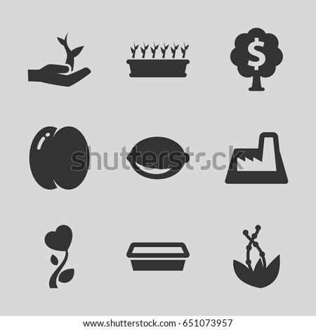 Plant icons set. set of 9 plant filled icons such as peach, pot for plants, lemon, heart flower, factory