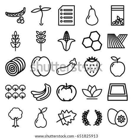 Organic icons set. set of 25 organic outline icons such as field, plant, hay, leaf, apple, pear, peach, banana, peas, corn, tree, flower, seed bag, aubergine, paper