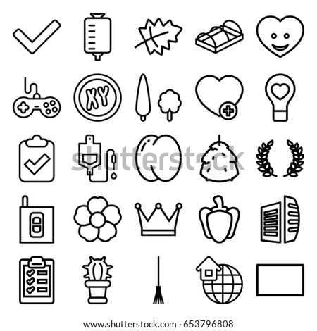 Green icons set. set of 25 green outline icons such as berry, leaf, peach, joystick, business center, rake, flower, greenohuse, drop counter, pepper, add favorite, heart face