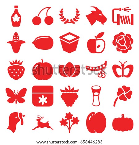 Natural icons set. set of 25 natural filled icons such as turkey, pumpkin, peach, apple, peas, cabbage, corn, goat, deer, butterfly, lotus, flower, cherry, lemon, maple syrup