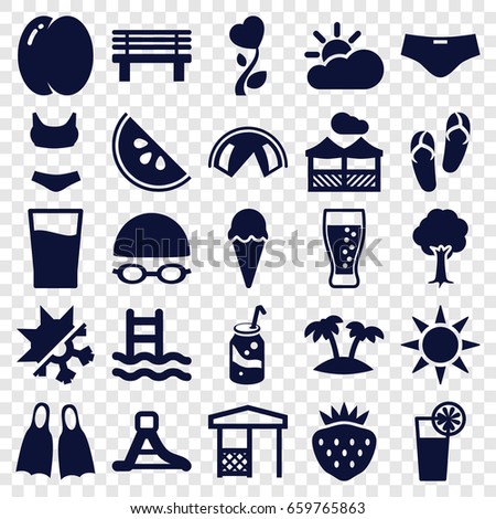 Summer icons set. set of 25 summer filled icons such as peach, flip flops, soda, tree, strawberry, bench, gazebo, heart flower, cocktail, waterslide, palm, drink, pergola