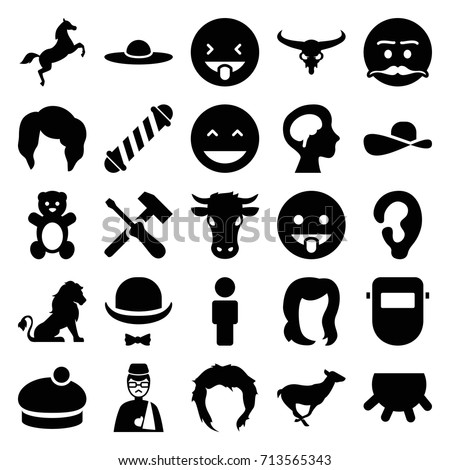Head icons set. set of 25 head filled icons such as udder, lion, cow, bull skull, antelope, teddy bear, ear, hair curler, woman hairstyle, woman hat, welder mask