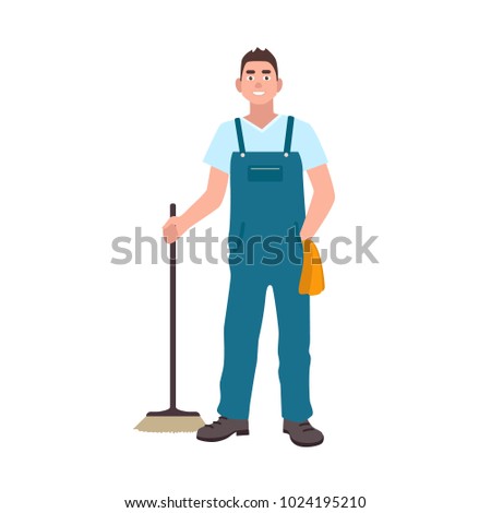Smiling man dressed in dungarees holding scrubber isolated on white background. Male cleaning service worker with floor brush. Janitor, cleaner or sweeper. Flat cartoon colorful vector illustration.