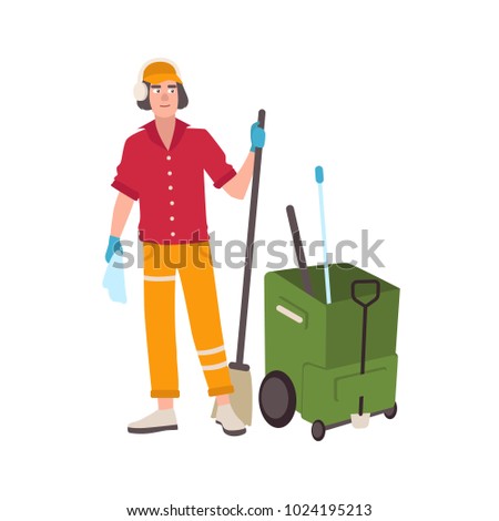 Young man wearing headphones and uniform standing beside mop bucket cart and holding broom. Male cleaning service worker or cleaner isolated on white background. Flat cartoon vector illustration.