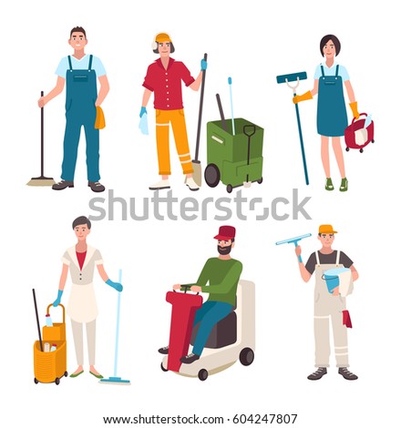 Different janitor set. People with cleaning equipment: window washer, cleaner, sweeper the floor. Man on the washing machine, woman with a broom. Vector illustration in flat style.