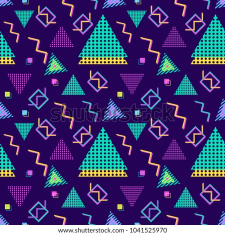  Seamless pattern with multicolor geometric shapes on dark background. retro vintage abstract art print. fashion 80s-90s. memphis style design. Wallpaper, cloth design, fabric, paper, textile.