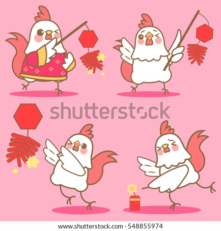 cartoon chicken with firecracker for happy chinese new year firecracker