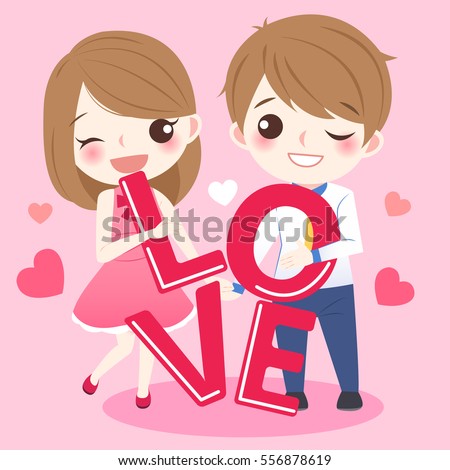 Cute Cartoon Couple Take Love Word And Smile Happily Cute Cartoon Couple Take Love Word And Smile Happily