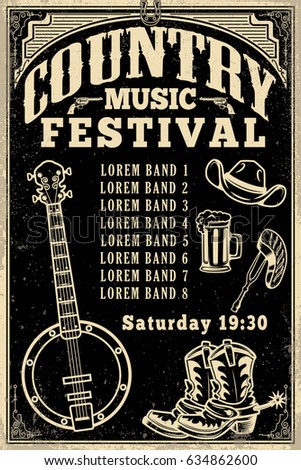 Country Music Festival Poster Template Cowboy Hat Boots Banjo Vector Illustration Country Music Festival Poster Template Cowboy Hat Boots Banjo Vector Illustration
