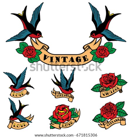 set tattoo templates swallows roses old stock vector set tattoo templates swallows roses old stock vector