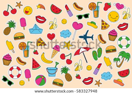 Summer day, set of elements clip art. Set sticker. Vector illustration. Summer background