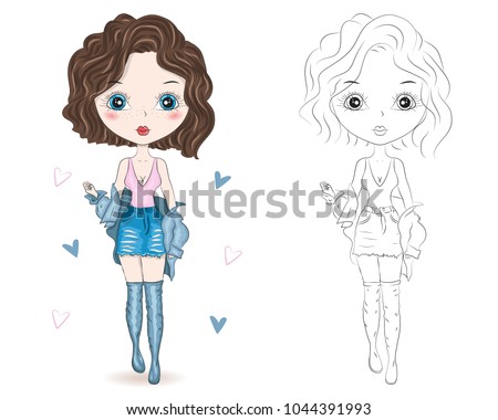 Set Of Hand Drawn Beautiful Cute Fashion Girls On White Background Cartoon Fashionable