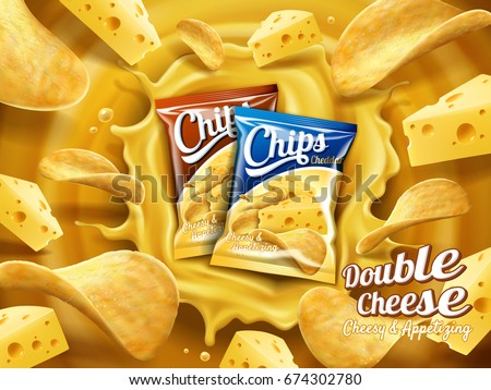 Double cheese potato chips ad, two packs of chips dropped into cheese sauce and there are chips and cheese floating in the air, 3d illustration