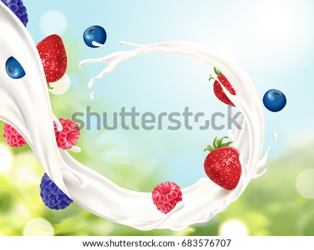 Flowing milk with fruits, refreshing milk with berries isolated on bokeh background in 3d illustration