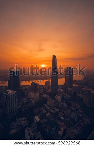 Ho Chi Minh city, Vietnam - February 26, 2017: Aerial view of houses and Business and Sai Gon Center of Ho Chi Minh city