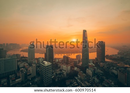 Aerial city view of houses and Business Center of Ho Chi Minh city on Sai Gon river. HoChiMinh city, Vietnam