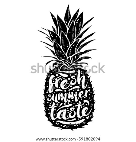 poster with black silhouette of a pineapple, tagline fresh summer taste, grunge texture. Print t-shirt, graphic element for your design. Vector illustration.