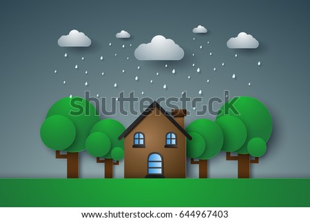 House in green field with rain , paper art style