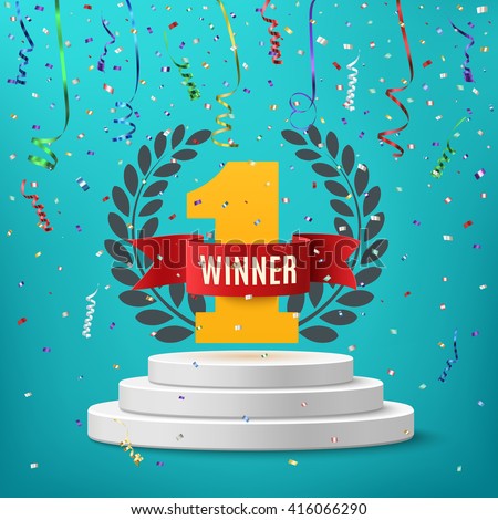 Winner, number one background with red ribbon, olive branch  and confetti on round pedestal isolated on blue. Poster or brochure template. Vector illustration.