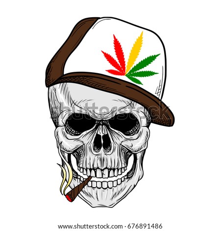 stock vector skull smoking weed wearing weed hat rastaman skull hand drawing 676891486