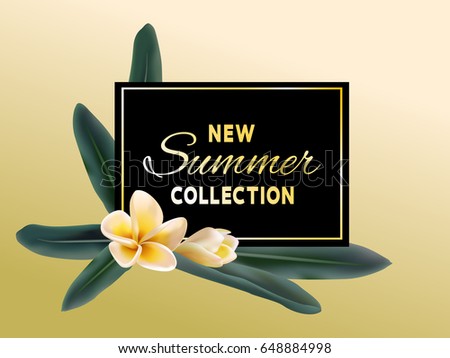 New Summer Collection sale vector poster. Golden text on black fame, jungle leaves and plumeria or frangipani tropical flower illustration. Banner with exotic tropic blossom for new products promotion