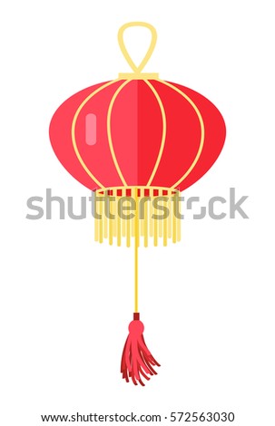 Chinese round red lamp ball isolated on white. Traditional oriental hanging lantern with yellow tassels. Vector illustration of decorative thing for building lighting. Chandelier in asian style