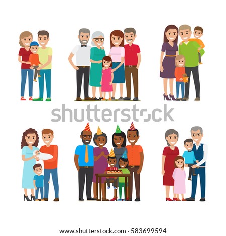 Set of happy families group portraits. Smiling father and mother standing with children, grandparents and celebrating kids birthday with friends isolated flat vector. Happy relatives illustrations