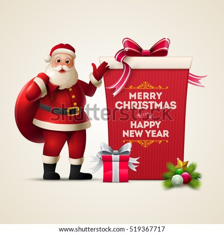 Santa Claus smiling and show huge gift box. Merry Christmas and Happy New Year text on the box. Christmas vector illustration.