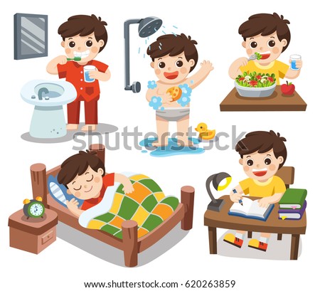 Daily Routine Cute Boy On White Stock Vector 620263859 - Shutterstock