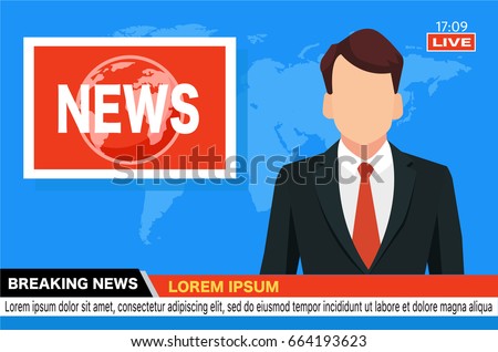 News Anchor On TV Breaking Background Vector Illustration In Flat Design News Anchor On TV Breaking Background Vector Illustration In Flat Design