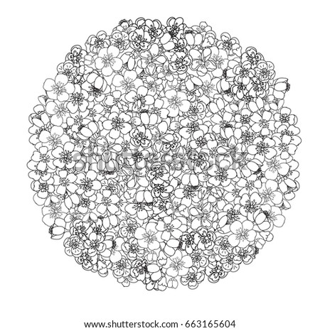 Doodle art Peach blossom and Sakura flower in Circle ,for coloring book