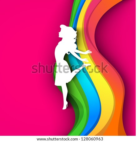 Happy Women's Day greeting card or background with a white silhouette of a happy girl on colorful waves and pink background.