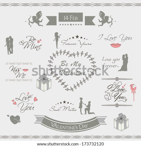 Calligraphic text for Valentines Day celebrations on grey background.